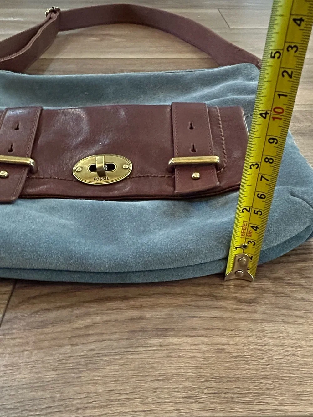 Fossil Long Live Vintage Blue Suede Leather Crossbody Shoulder Bag Key Charm